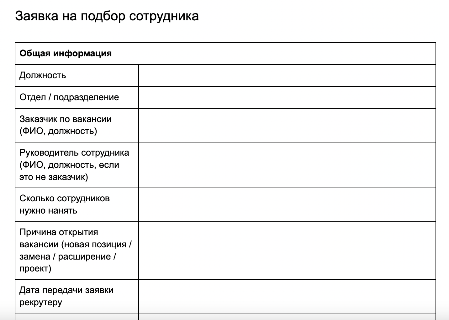Образец заявки на подбор персонала